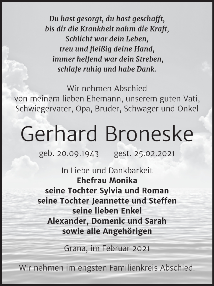  Traueranzeige für Gerhard Broneske vom 06.03.2021 aus Mitteldeutsche Zeitung Zeitz