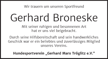 Traueranzeige von Gerhard Broneske von Mitteldeutsche Zeitung Zeitz