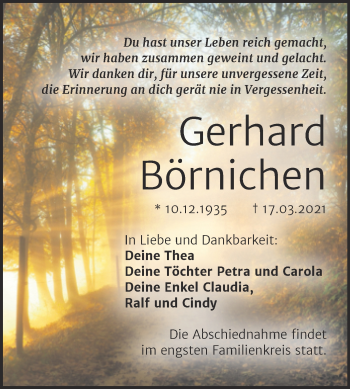 Traueranzeige von Gerhard Börnichen von Mitteldeutsche Zeitung Weißenfels
