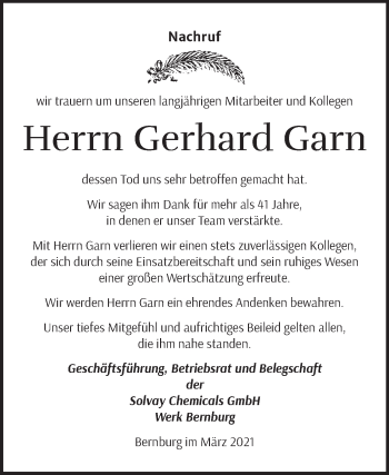 Traueranzeige von Gerhard Garn von Mitteldeutsche Zeitung Salzlandkreis