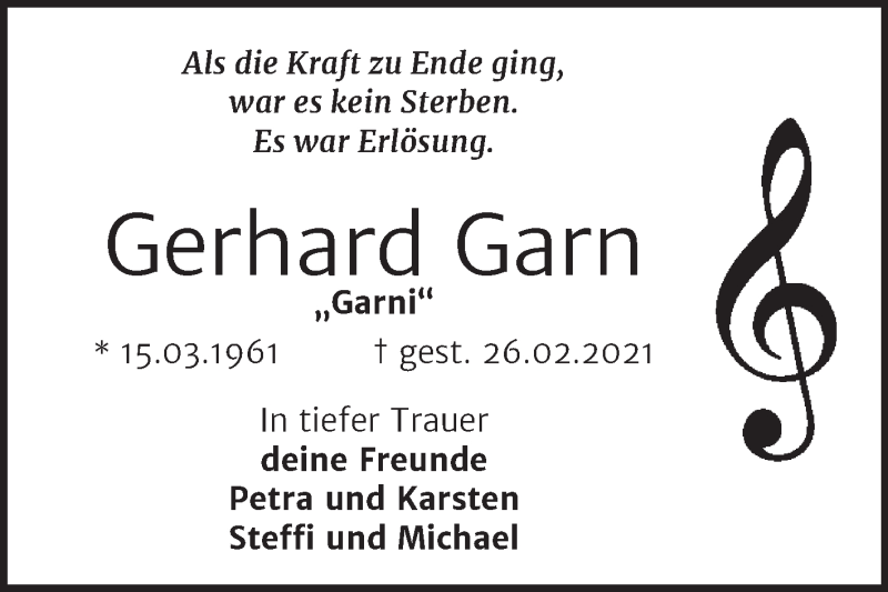  Traueranzeige für Gerhard Garn vom 13.03.2021 aus Mitteldeutsche Zeitung Bernburg