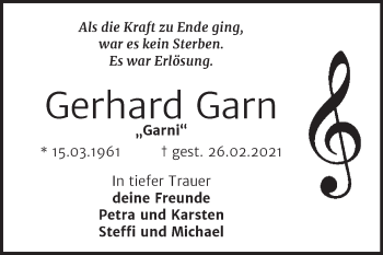 Traueranzeige von Gerhard Garn von Mitteldeutsche Zeitung Bernburg
