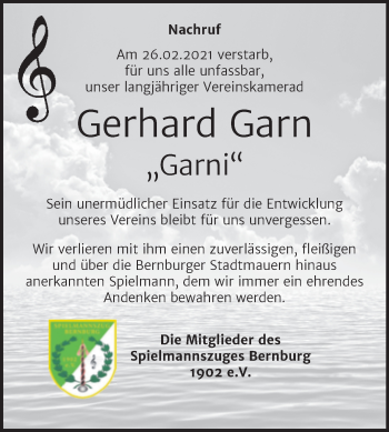 Traueranzeige von Gerhard Garn von Super Sonntag Bernburg