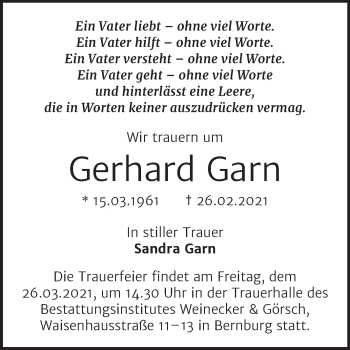 Traueranzeige von Gerhard Garn von Mitteldeutsche Zeitung Bernburg