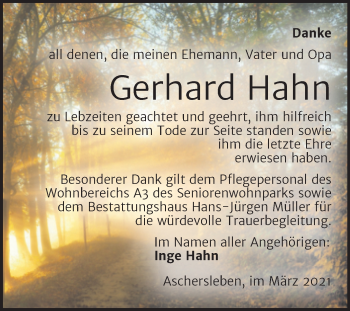 Traueranzeige von Gerhard Hahn von Mitteldeutsche Zeitung Aschersleben