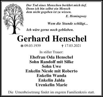 Traueranzeige von Gerhard Henschel von Mitteldeutsche Zeitung Wittenberg