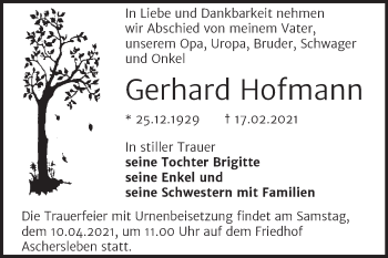 Traueranzeige von Gerhard Hofmann von Mitteldeutsche Zeitung Aschersleben