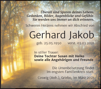 Traueranzeige von Gerhard Jakob von Mitteldeutsche Zeitung Wittenberg