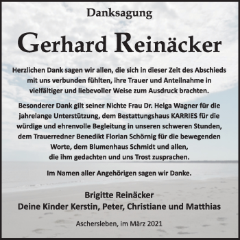 Traueranzeige von Gerhard Reinäcker von Mitteldeutsche Zeitung Aschersleben