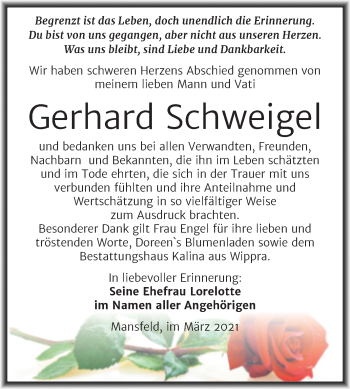 Traueranzeige von Gerhard Schweigel von Mitteldeutsche Zeitung Mansfelder Land