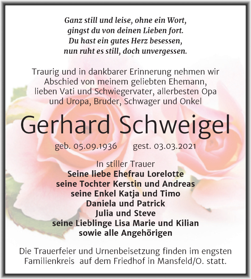  Traueranzeige für Gerhard Schweigel vom 06.03.2021 aus Mitteldeutsche Zeitung Mansfelder Land