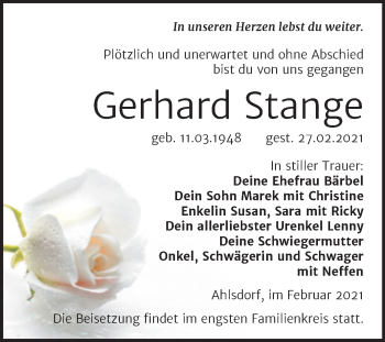 Traueranzeige von Gerhard Stange von Mitteldeutsche Zeitung Mansfelder Land