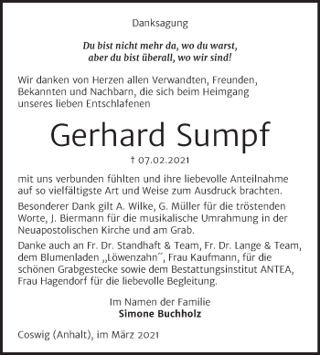 Traueranzeige von Gerhard Sumpf von Mitteldeutsche Zeitung Wittenberg