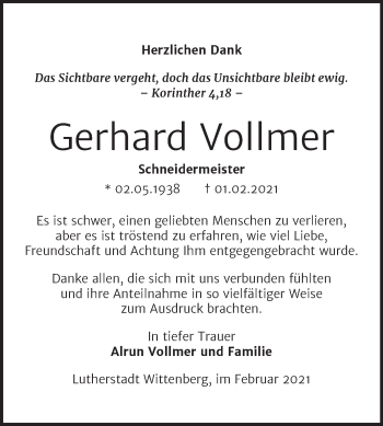 Traueranzeige von Gerhard Vollmer von Mitteldeutsche Zeitung Wittenberg