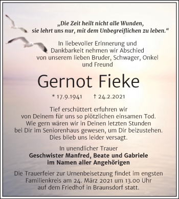 Traueranzeige von Gernot Fieke von Mitteldeutsche Zeitung Merseburg/Querfurt