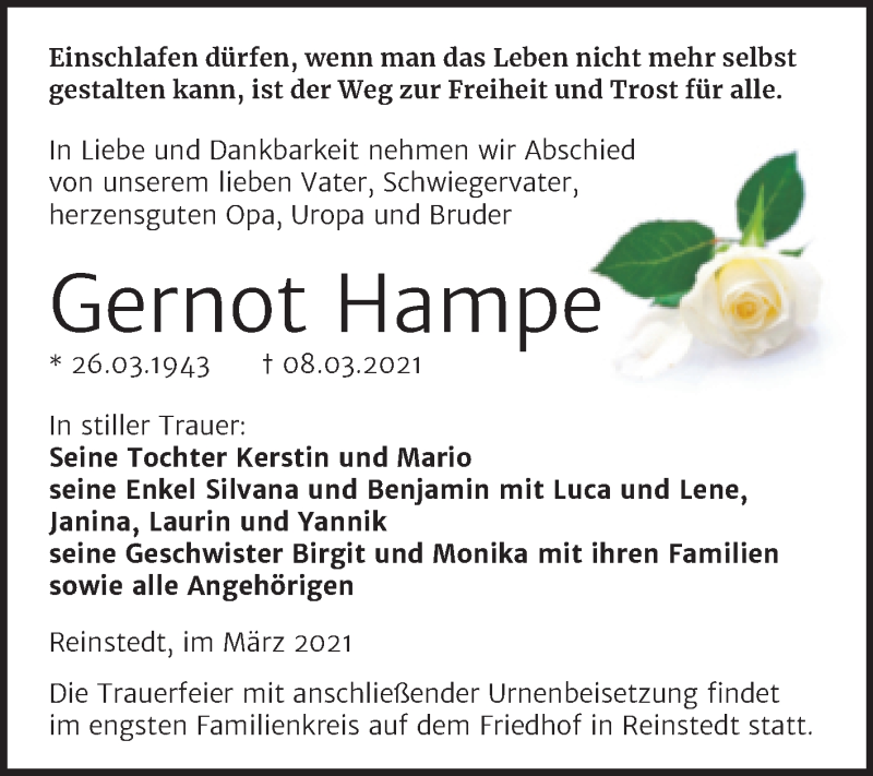 Traueranzeige für Gernot Hampe vom 20.03.2021 aus Mitteldeutsche Zeitung Quedlingburg