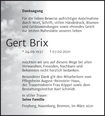 Traueranzeige von Gert Brix von Super Sonntag Naumburg/Nebra