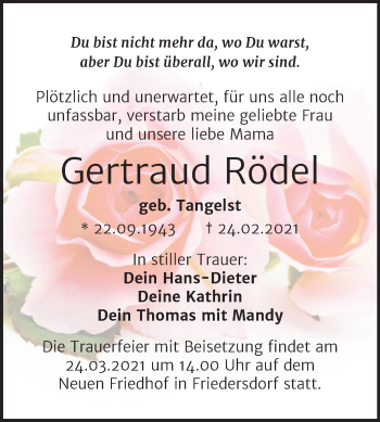 Traueranzeige von Gertraud Rödel von Mitteldeutsche Zeitung Bitterfeld