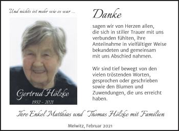 Traueranzeige von Gertrud Hölzke von Mitteldeutsche Zeitung Köthen