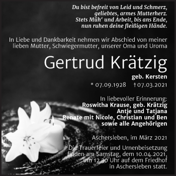 Traueranzeige von Gertrud Krätzig von Mitteldeutsche Zeitung Aschersleben
