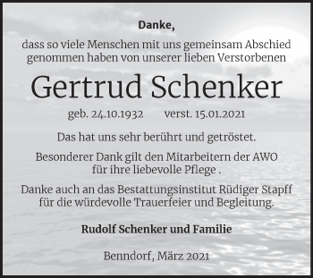 Traueranzeige von Gertrud Schenker von Mitteldeutsche Zeitung Mansfelder Land