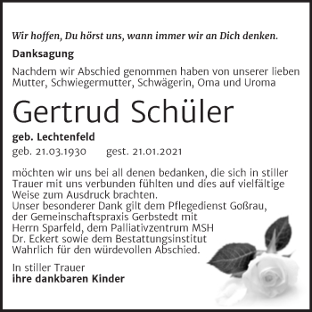 Traueranzeige von Gertrud Schüler von Mitteldeutsche Zeitung Mansfelder Land