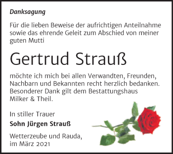 Traueranzeige von Gertrud Strauß von Mitteldeutsche Zeitung Zeitz