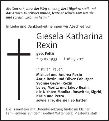 Traueranzeige von Giesela Katharina Rexin von Mitteldeutsche Zeitung Wittenberg