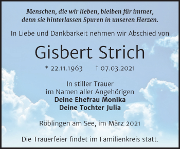Traueranzeige von Gisbert Strich von Mitteldeutsche Zeitung Mansfelder Land