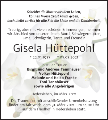 Traueranzeige von Gisela Hüttepohl von Mitteldeutsche Zeitung Quedlingburg