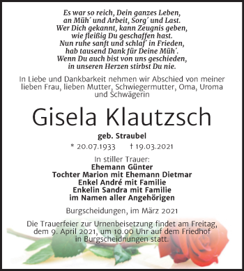 Traueranzeige von Gisela Klautzsch von Super Sonntag Naumburg/Nebra