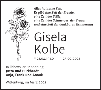 Traueranzeige von Gisela Kolbe von Mitteldeutsche Zeitung Wittenberg