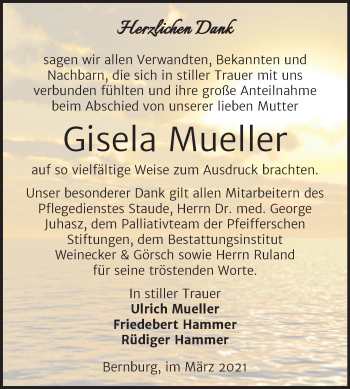 Traueranzeige von Gisela Mueller von Mitteldeutsche Zeitung Bernburg