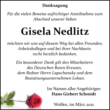 Traueranzeige von Gisela Nedlitz von Mitteldeutsche Zeitung Bitterfeld