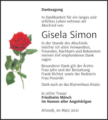 Traueranzeige von Gisela Simon von Mitteldeutsche Zeitung Sangerhausen