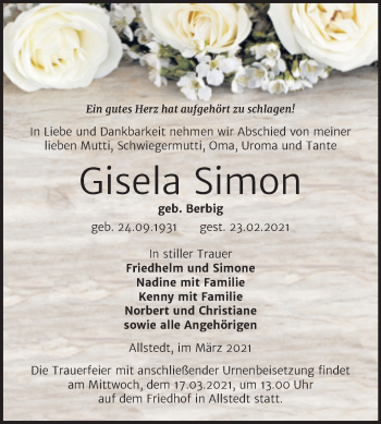 Traueranzeige von Gisela Simon von Mitteldeutsche Zeitung Sangerhausen