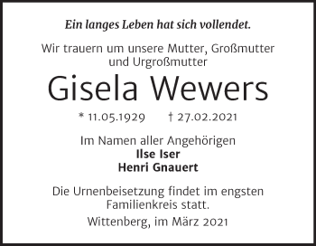 Traueranzeige von Gisela Wewers von Mitteldeutsche Zeitung Wittenberg