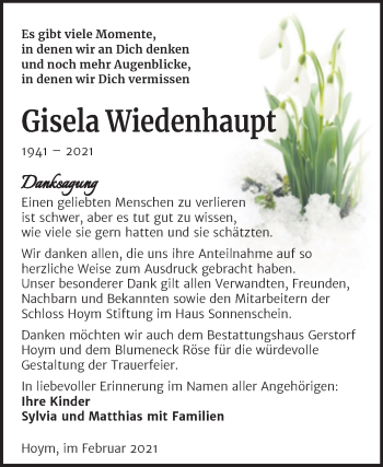 Traueranzeige von Gisela Wiedenhaupt von Mitteldeutsche Zeitung Aschersleben