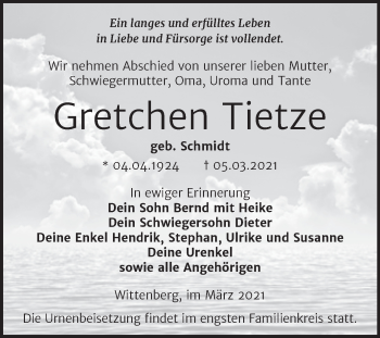 Traueranzeige von Gretchen Tietze von Mitteldeutsche Zeitung Wittenberg