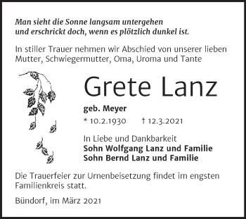 Traueranzeige von Grete Lanz von Mitteldeutsche Zeitung Merseburg/Querfurt