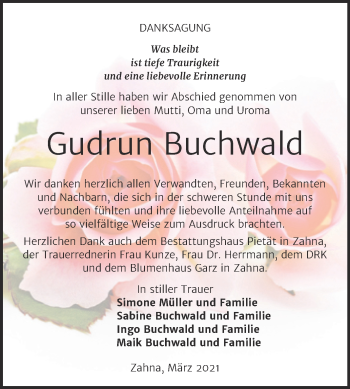 Traueranzeige von Gudrun Buchwald von Mitteldeutsche Zeitung Wittenberg