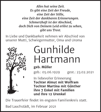 Traueranzeige von Gunhilde Hartmann von Mitteldeutsche Zeitung Merseburg/Querfurt