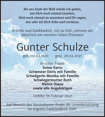 Traueranzeige von Gunter Schulze von Mitteldeutsche Zeitung Wittenberg