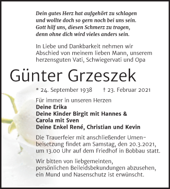 Traueranzeige von Günter Grzeszek von Mitteldeutsche Zeitung Bitterfeld