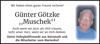 Traueranzeige von Günter Götzke von Mitteldeutsche Zeitung Quedlingburg