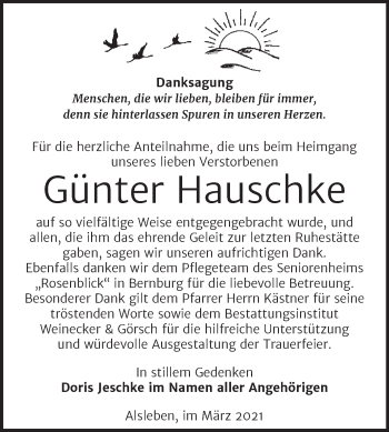 Traueranzeige von Günter Hauschke von Mitteldeutsche Zeitung Bernburg