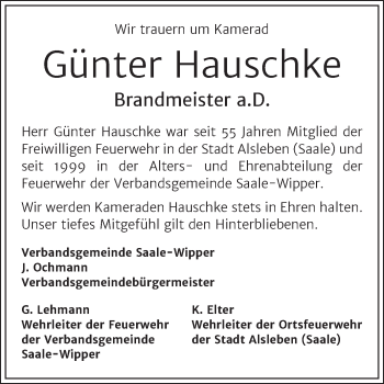 Traueranzeige von Günter Hauschke von Super Sonntag Bernburg