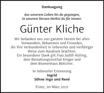 Traueranzeige von Günter Kliche von Mitteldeutsche Zeitung Wittenberg