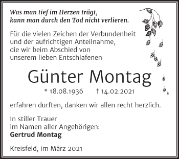 Traueranzeige von Günter Montag von Mitteldeutsche Zeitung Mansfelder Land