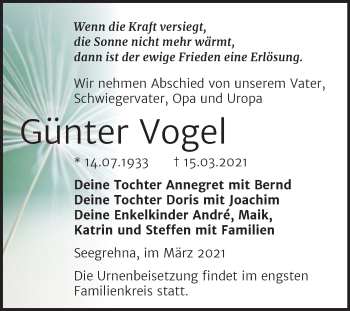 Traueranzeige von Günter Vogel von Mitteldeutsche Zeitung Wittenberg